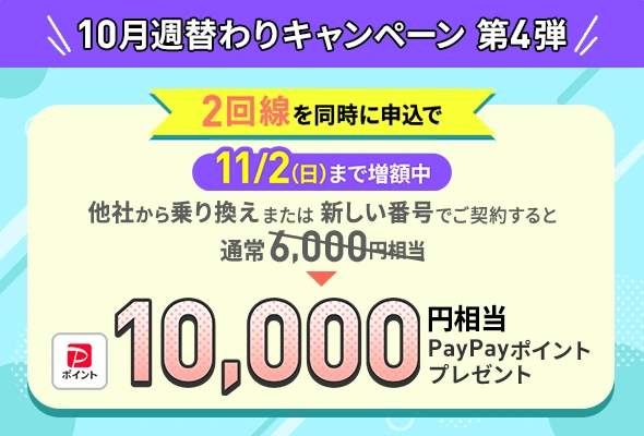 2回線目まとめて申し込みで＋10,000円相当（11/2まで増額）