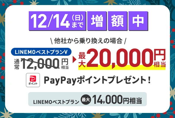 他社から乗り換えで最大20,000円相当のPayPayポイント（12/14まで増額）