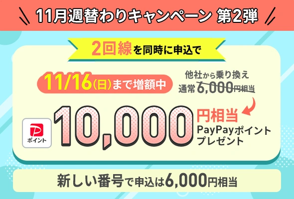 LINEMO契約者がもう一回線申し込みでPayPayポイントプレゼント(11/16まで増額)
