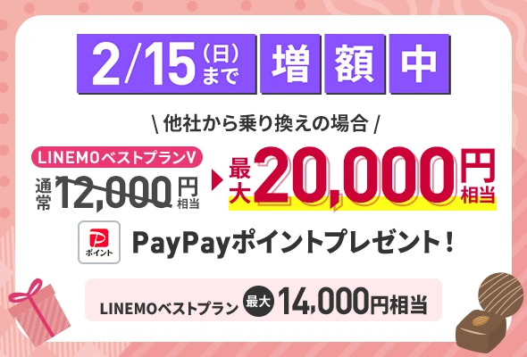 2/15まで限定でLINEMOへ乗り換えると最大20,000円相当のPayPayポイントプレゼント