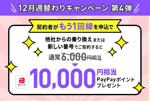 同じ契約者が新しくLINEMOをもう1回線契約することで、新規電話番号・他社から乗り換えで10,000円相当のPayPayポイントをプレゼント。