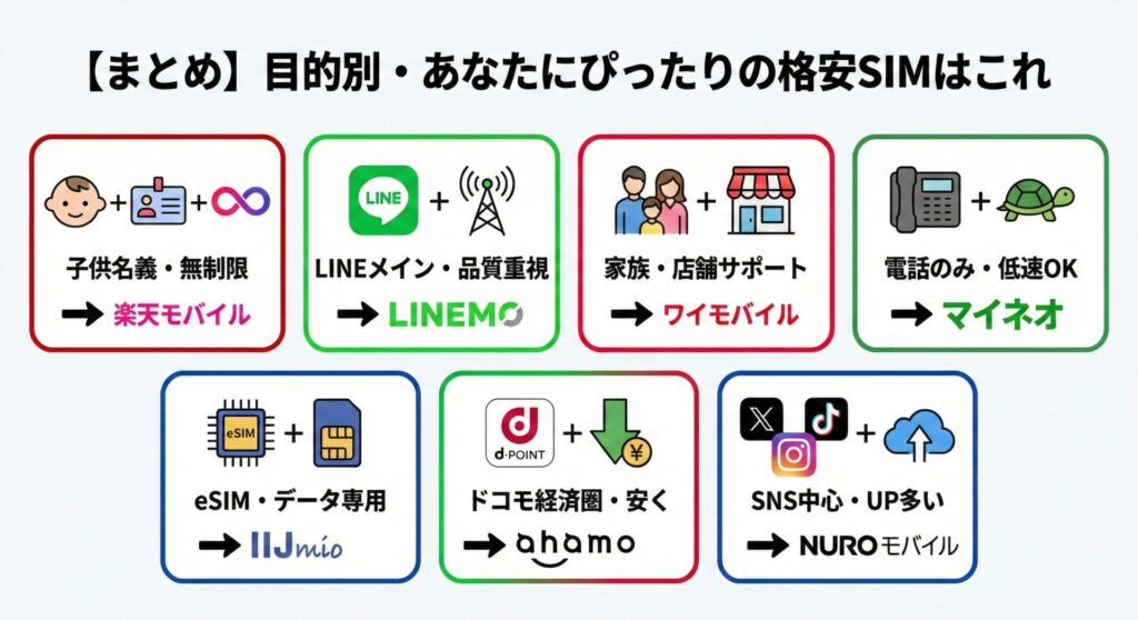 【まとめ】子供向けの目的別・あなたにぴったりの格安SIMはこれ。