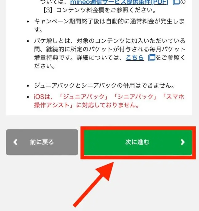 オプションサービスを選択・確認したら「次に進む」を押す