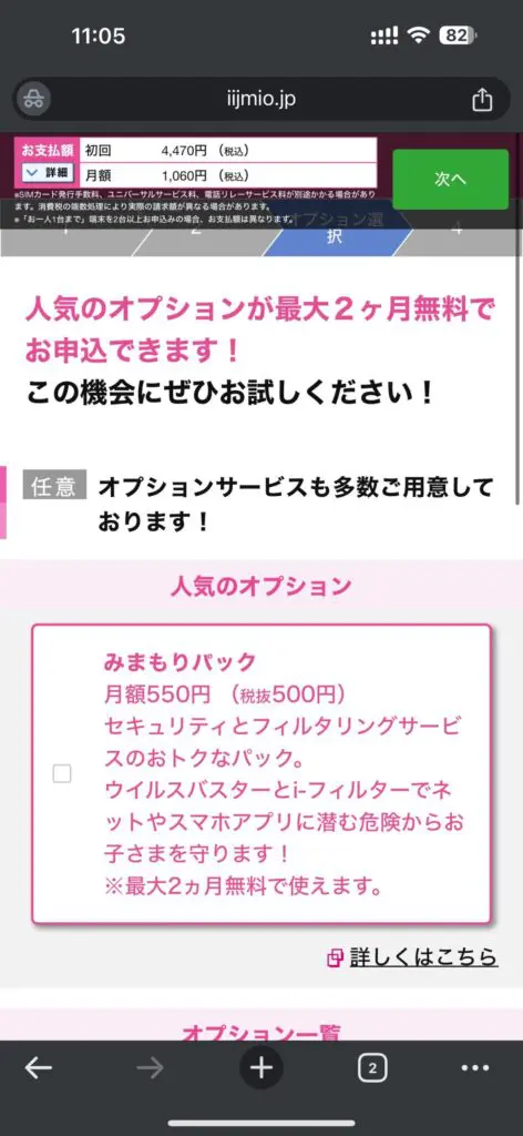 他のオプションの有無を選択し「次へ」を押す