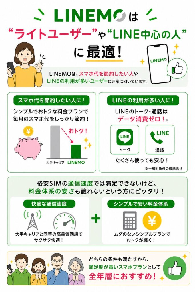 LINEMOはスマホ代を節約したいライトユーザーやLINE利用が多い人に最適で高速通信と安さを両立したプラン