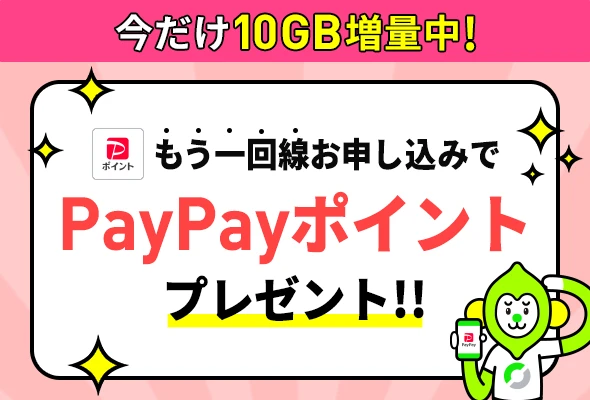 LINEMO契約者がもう1回線契約することで、新規電話番号・他社から乗り換えで6,000円相当のPayPayポイントをプレゼント。