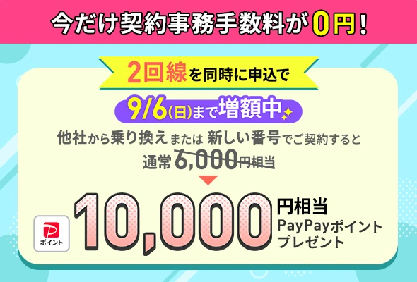 まとめて2回線申込みすることで追加で10,000円相当のPayPayポイントがもらえる（9/6まで限定増額）
