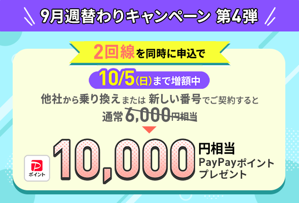 2回線目を申し込みで10,000円相当のPayPayポイントプレゼント。