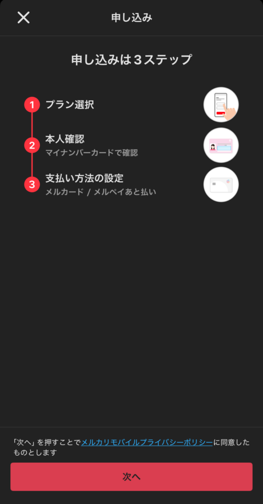 申し込みのステップを確認し「次へ」を押す