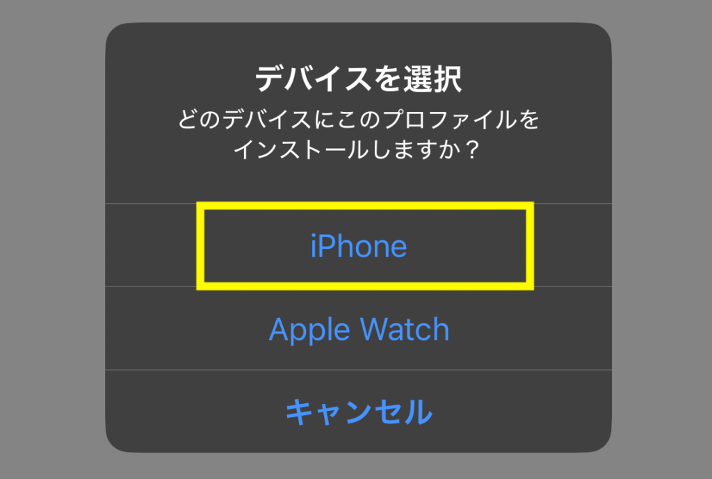 プロファイルのインストール先を選択Apple Watchを使用している場合等は上記のように表示されますが、iPhoneを選びます。