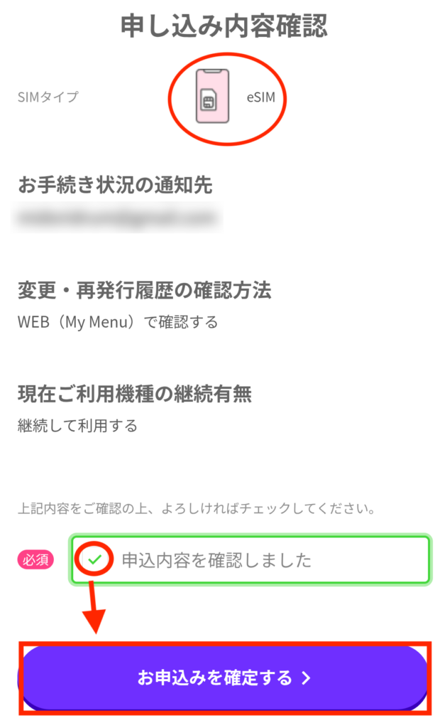 SIMタイプが「eSIM」であることを確認し、チェックを入れて「申し込みを確定する」を押す