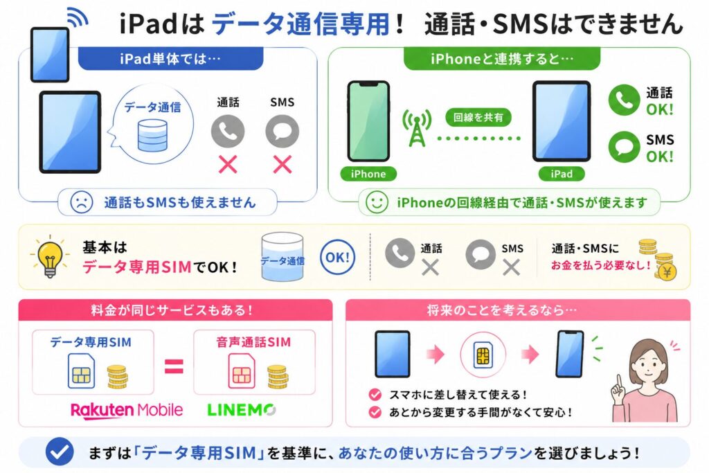 iPadはデータ通信専用で通話・SMSは使えず、iPhone連携時のみ利用可能。データ専用SIMがおすすめで、楽天モバイル・LINEMOは音声SIMでも料金差が少ない