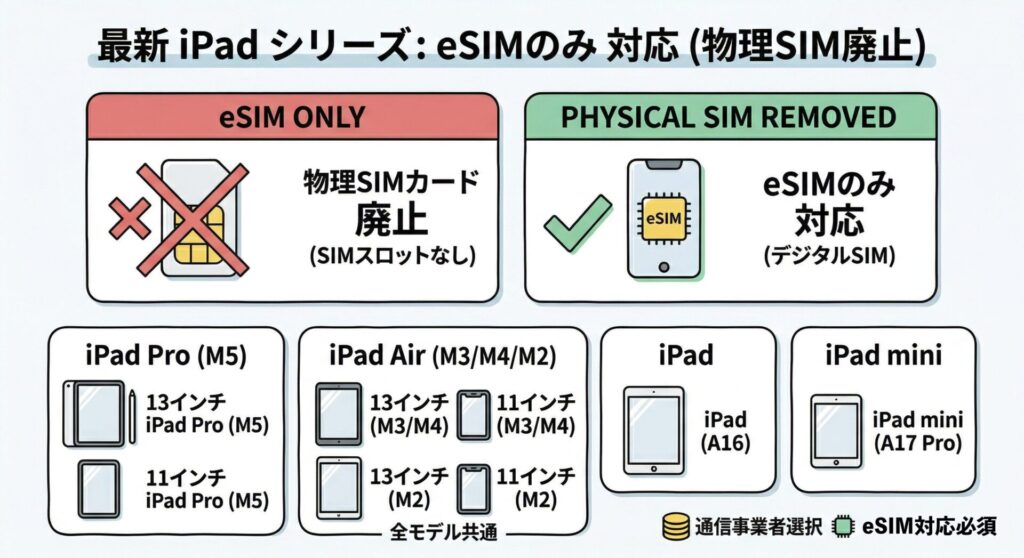 現在Apple公式で販売中の最新iPadシリーズは、すべてeSIMのみにしか対応しておらず、物理SIMカードは廃止されています。