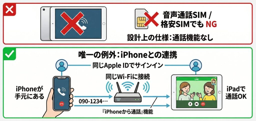 ただし例外があります。iPhoneと同じApple IDでサインインしており、iPhoneと同じWi-Fiネットワークに接続されている場合に限り、iPhoneの電話番号をiPad上で使って通話することができます。これはAppleの「iPhoneから通話」という機能によるもので、iPhoneが手元になければ動作しません。