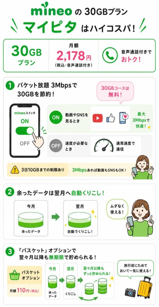 mineoマイピタ30GBの料金、3Mbps使い放題、データ繰り越し、パスケットによる無期限保存の特徴