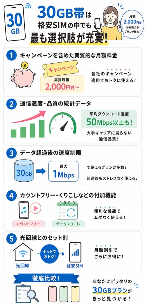 30GB帯の格安SIMを比較する5つのポイントと徹底比較