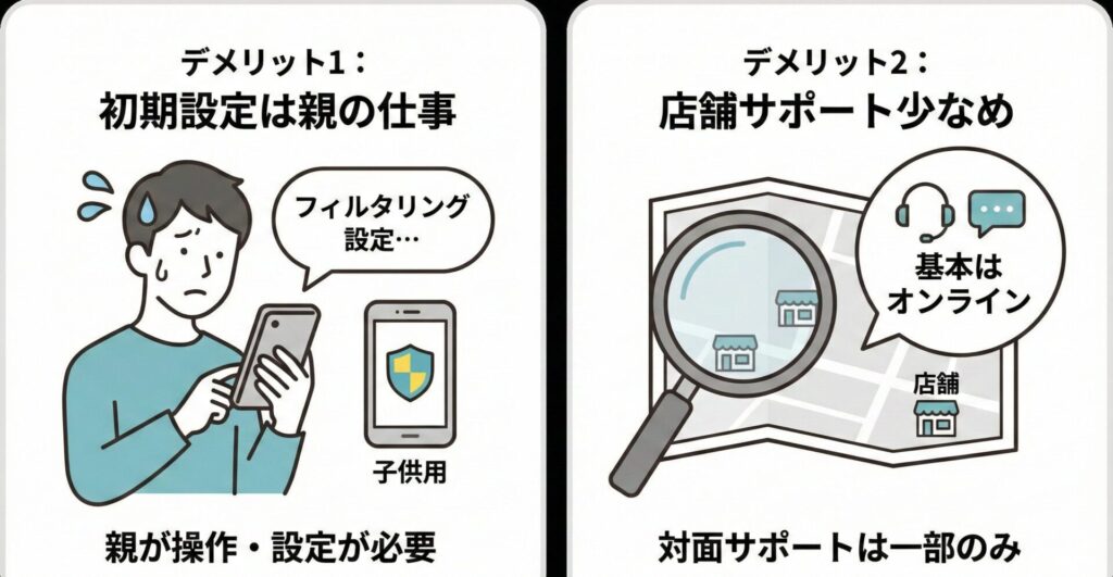 子供向けの格安SIMのデメリットは、フィルタリングの初期設定を親がする必要がある点と店舗サポートが少ない点です。