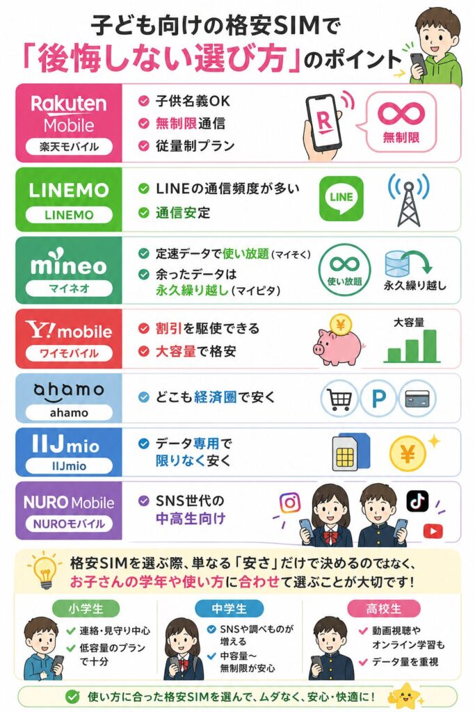 子ども向け格安SIMの選び方として楽天モバイル・LINEMO・マイネオ・ワイモバイル・ahamo・IIJmio・NUROモバイルの特徴と学年別の使い方