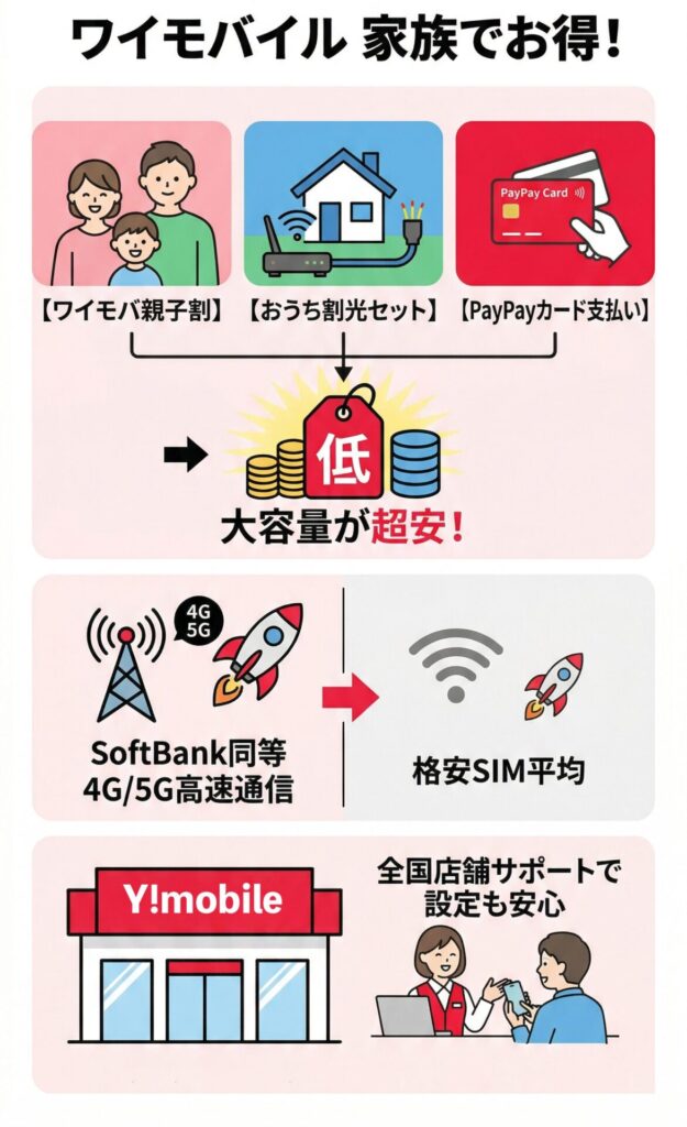 ワイモバ親子割（5〜18歳まで）で1,100円/月割引（適用から12ヶ月）おうち割光セットで1,650円/月割引、PayPayゴールドカードで550円/月割引、通常プランから最大でも毎月3,300円の割引が入ります。例としてシンプル3 Mなら4,158円→858円と30GBのデータプランを破格な料金で使えます。