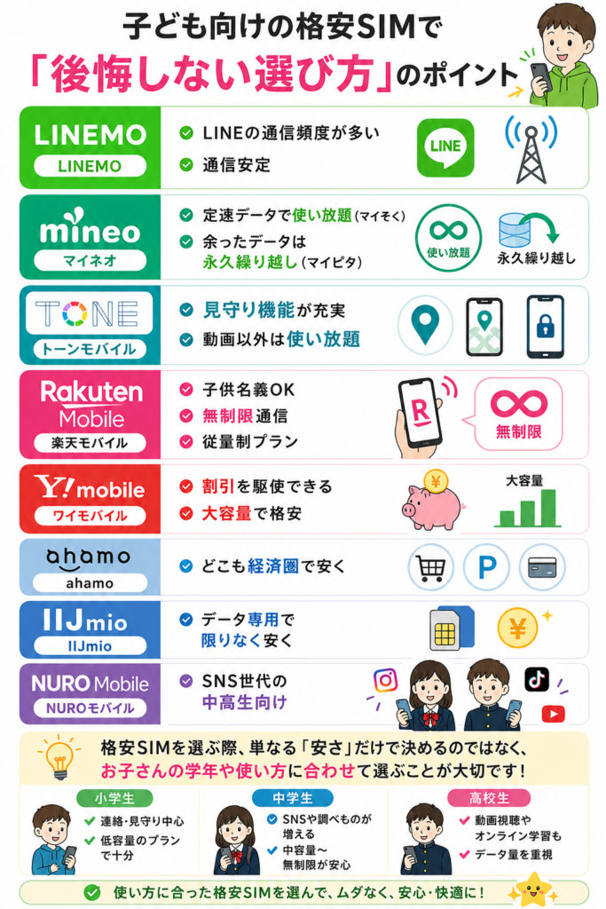 子ども向け格安SIMの選び方としてLINEMO・マイネオ・トーンモバイル・楽天モバイル・ワイモバイル・ahamo・IIJmio・NUROモバイルの特徴と学年別の使い方
