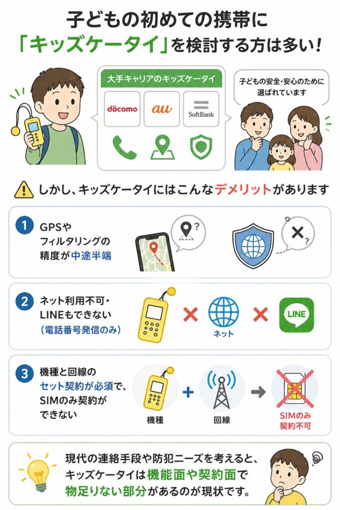 キッズケータイのデメリットとしてGPSやフィルタリングの精度不足、ネットやLINEが使えないこと、セット契約必須