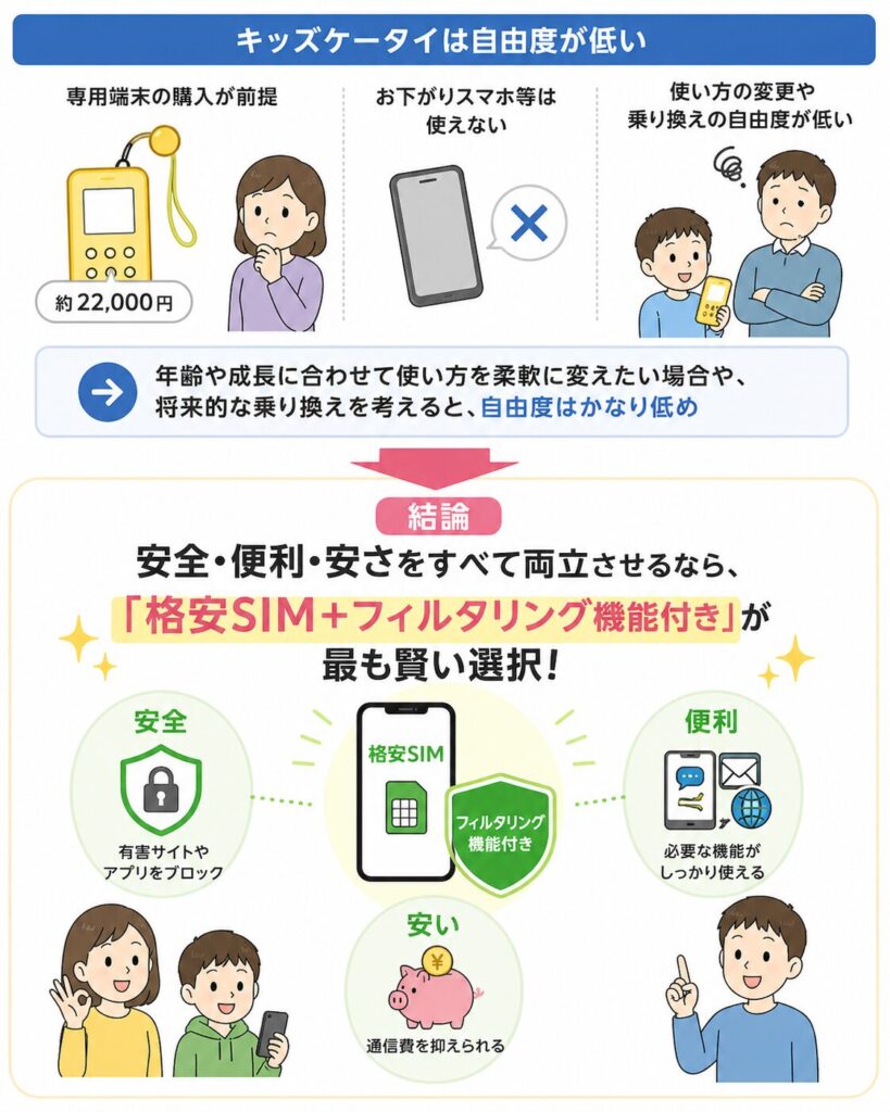 キッズケータイは専用端末購入が必要で自由度が低く、格安SIMとフィルタリング機能付きの組み合わせが安全・便利・安い選択