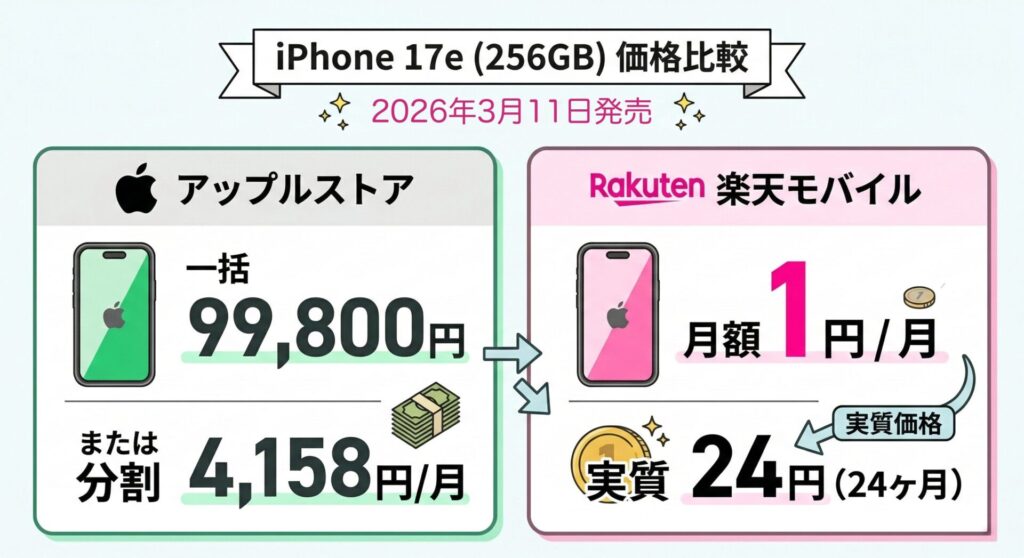 他社からの乗り換え（MNP）であれば、最新のiPhone 17e（256GBモデル）が月々わずか1円で利用できます。