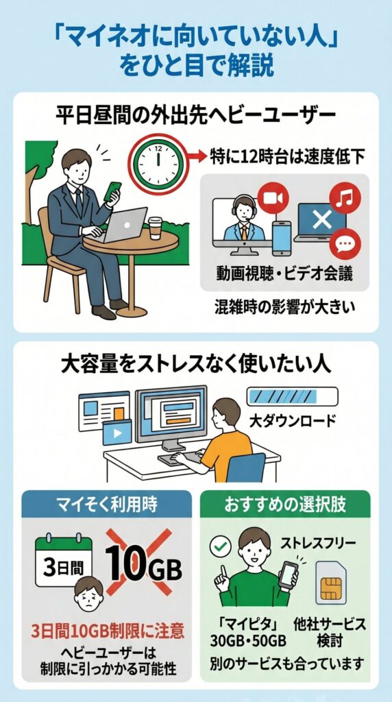 マイネオに向いてない人はマイそくならお昼の時間制限に耐えられない人、大容量のデータ通信を行う人
