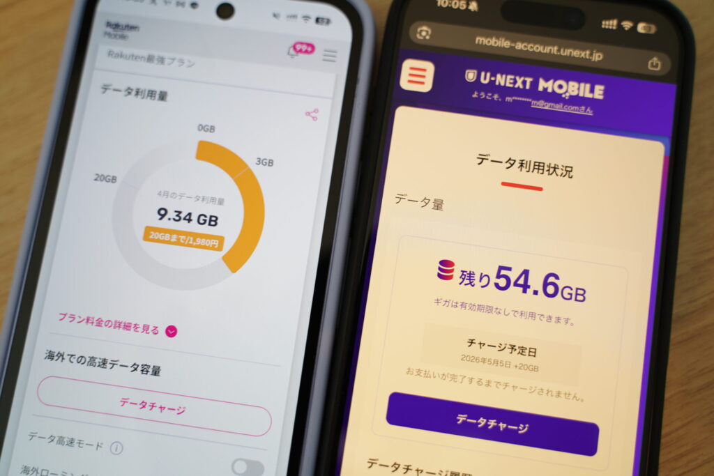 楽天モバイルを基本メイン、電波が届かない場所ではU-NEXTモバイルへ切り替えのデュアルSIM運用