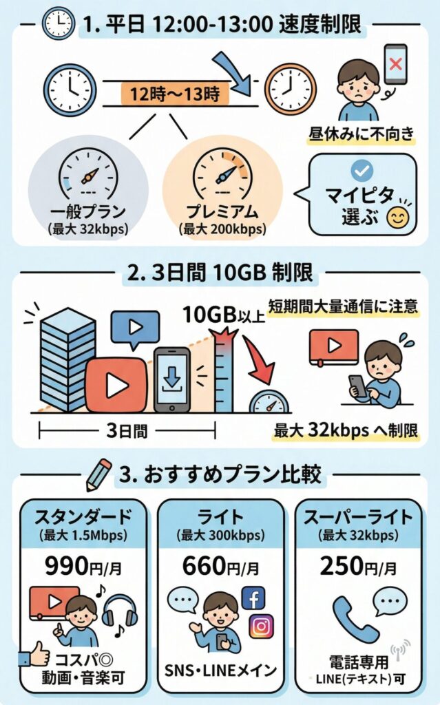 マイそくは平日12〜13時の速度制限の代わりに3日10GBまでは低速通信で使い放題、そしてプラン毎に速度が違う柔軟なプラン