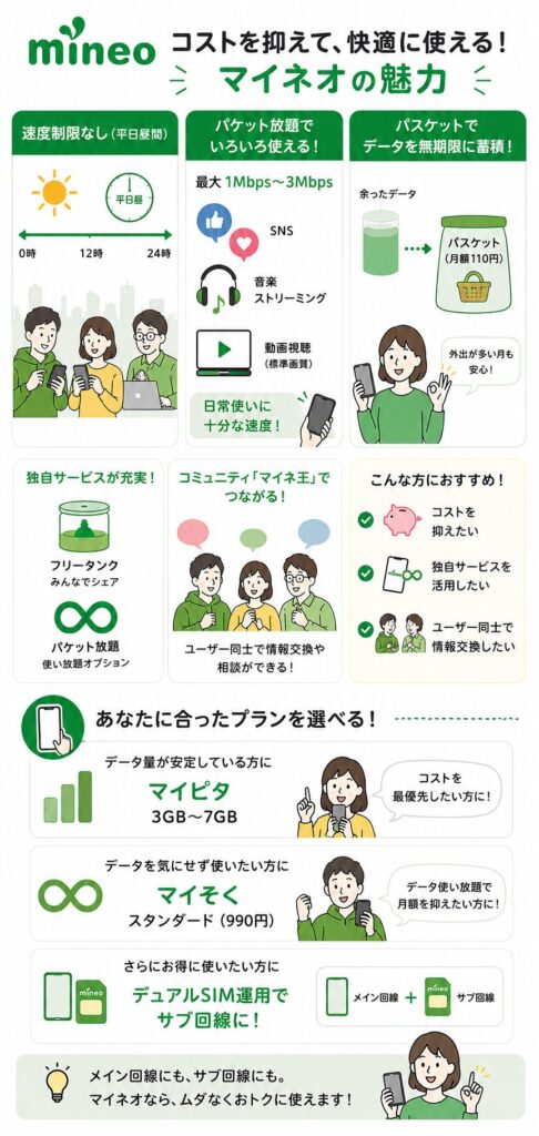 mineoの平日昼の速度制限なし、パケット放題、パスケット、フリータンク、マイネ王、マイピタ・マイそくの特徴とおすすめ利用者