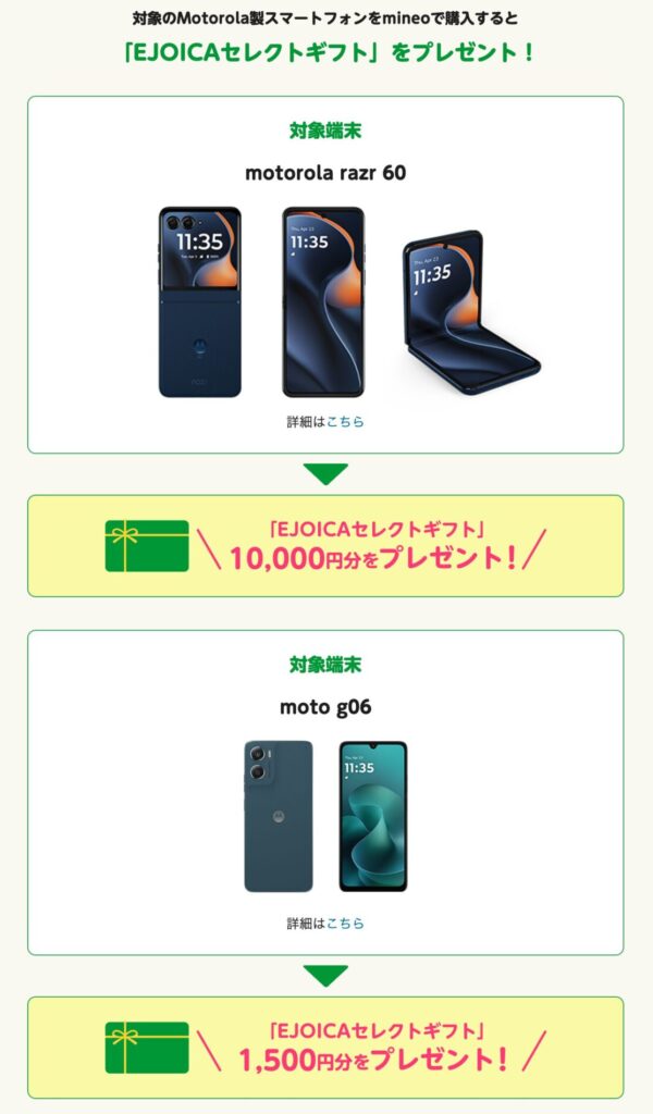 対象のスマホを購入すると「EJOICAセレクトギフト」のプレゼント
