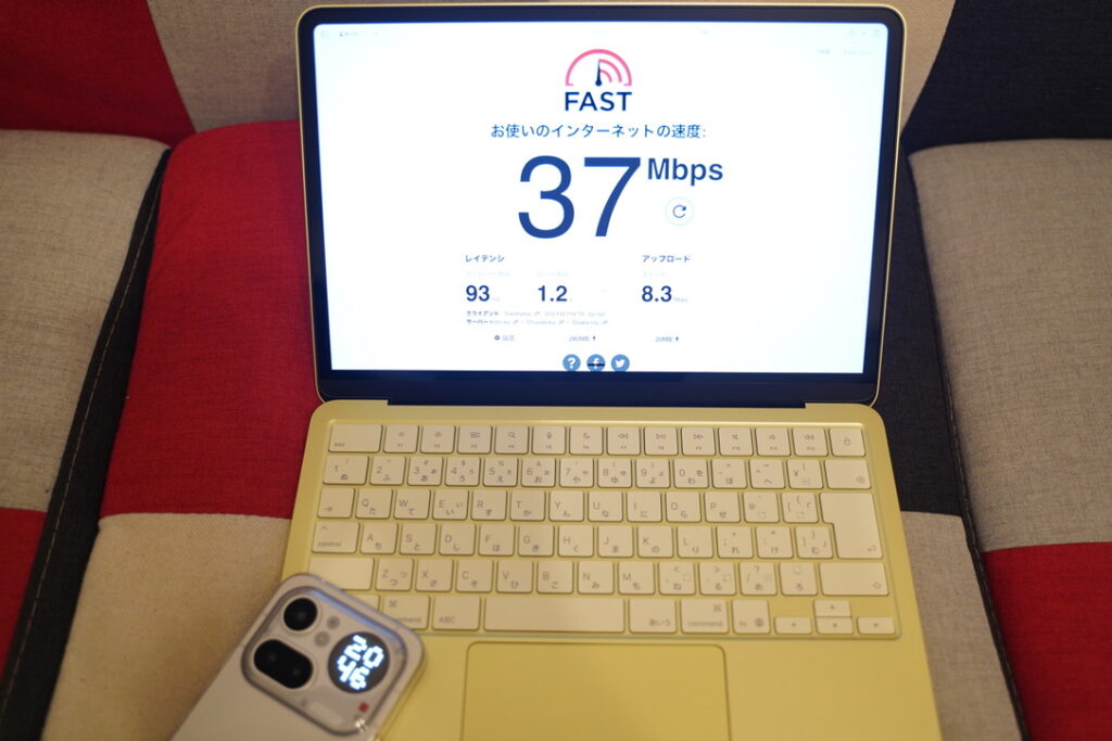 povo：下り37Mbps/上り8.3Mbps/ping値93ms