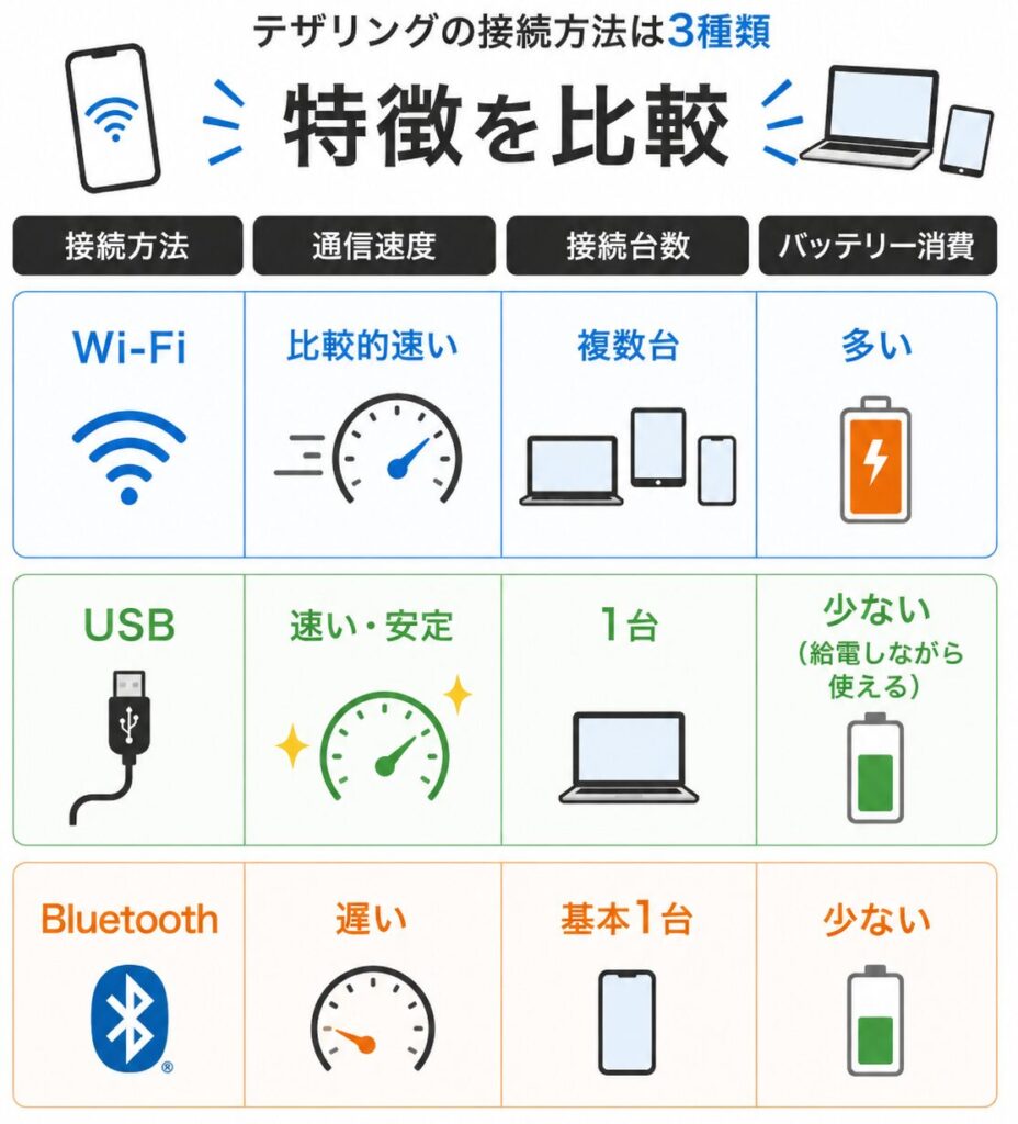テザリングのWi-Fi・USB・Bluetoothを通信速度、接続台数、バッテリー消費の違いで比較し、それぞれの特徴