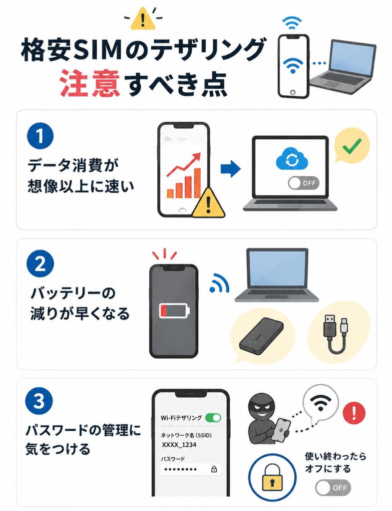 格安SIMのテザリングで注意したいデータ消費・バッテリー消耗・パスワード管理の3つのポイントと対策