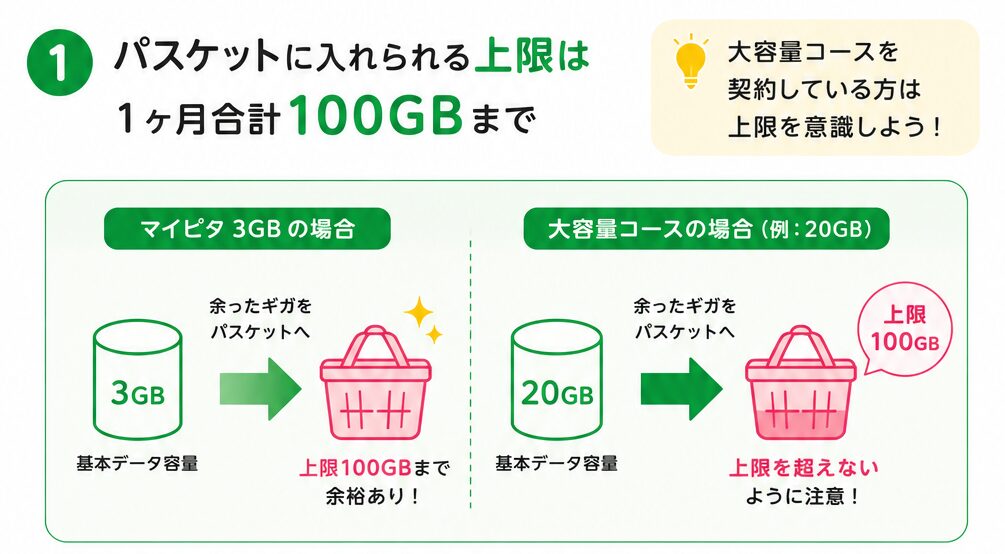 1ヶ月にパスケットに入れられる容量は合計100GBまで