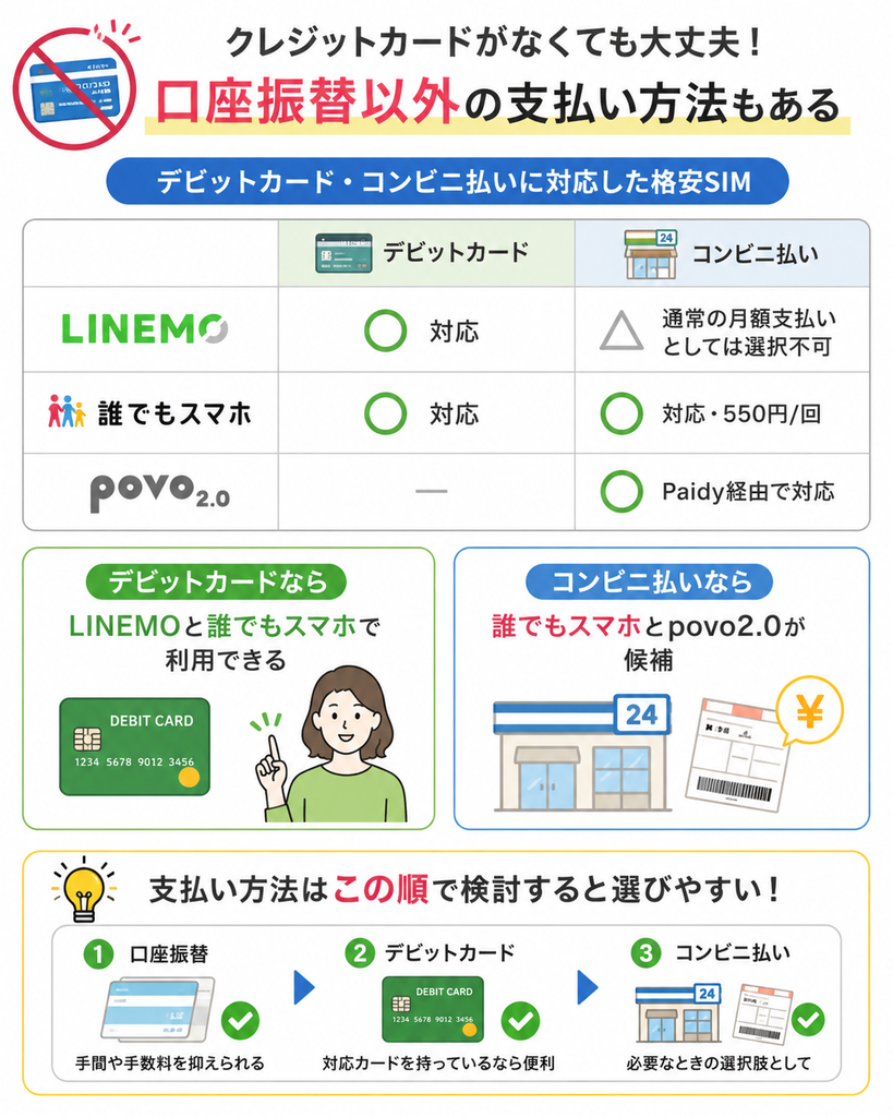 クレジットカードなしでも、LINEMOや誰でもスマホはデビットカード、誰でもスマホやpovo2.0はコンビニ払いを選べる