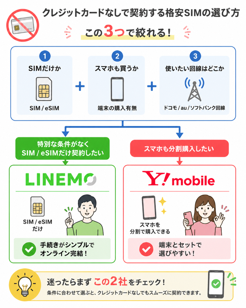 クレジットカードなしで格安SIMを契約するなら、SIMのみはLINEMO、スマホの分割購入はワイモバイルが選びやすい