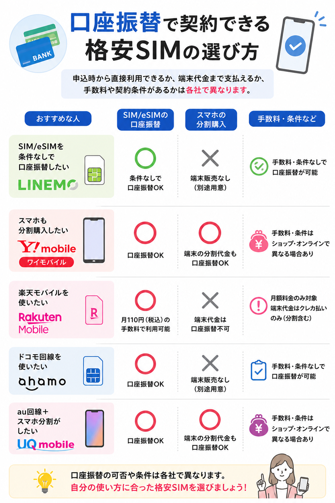 口座振替に対応する格安SIM5社を比較し、LINEMOは条件なし、ワイモバイルとUQモバイルは端末分割にも対応、楽天モバイルは月110円で端末代金対象外、ahamoはドコモ回線で利用できる内容