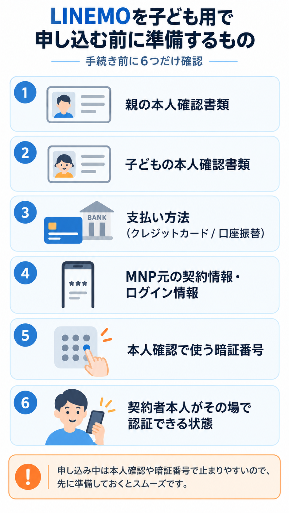 LINEMOを子ども用で申し込む前に準備する親子の本人確認書類・支払い方法・MNP情報・暗証番号など6つの確認項目