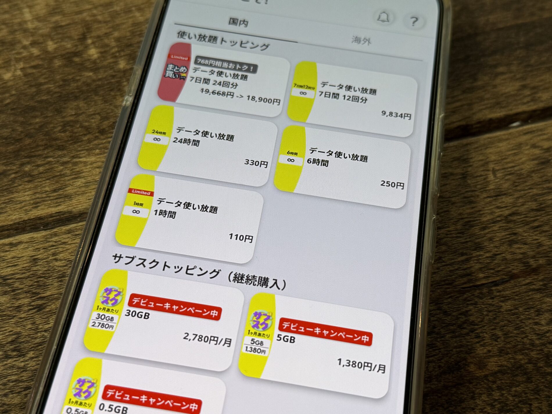 povoアプリに表示されたデータ使い放題6時間250円・24時間330円などのトッピング一覧