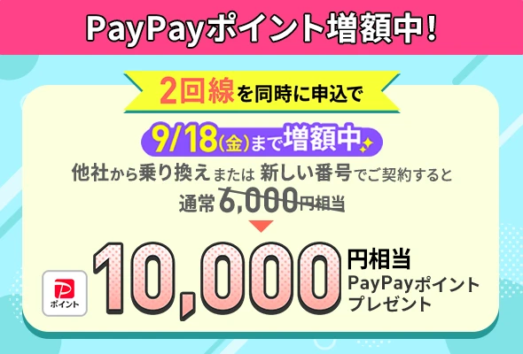 9月18日(金)まで増額中。LINEMOに2回線を同時に申し込み、乗り換えまたは新しい番号で契約すると通常6,000円相当が10,000円相当のPayPayポイントに