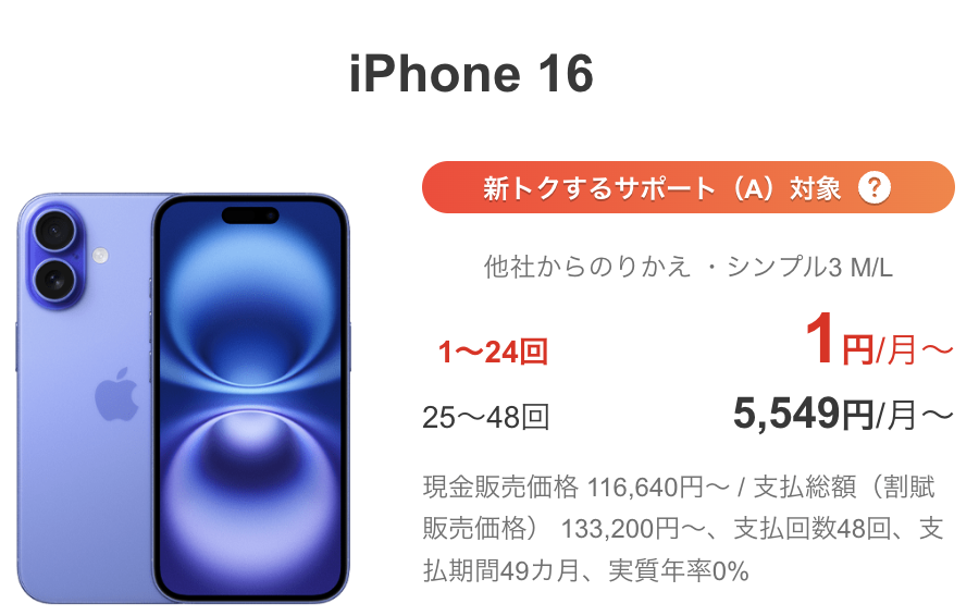 ワイモバイルのiPhone 16が新トクするサポート（A）対象で他社からのりかえなら1〜24回目が月1円から